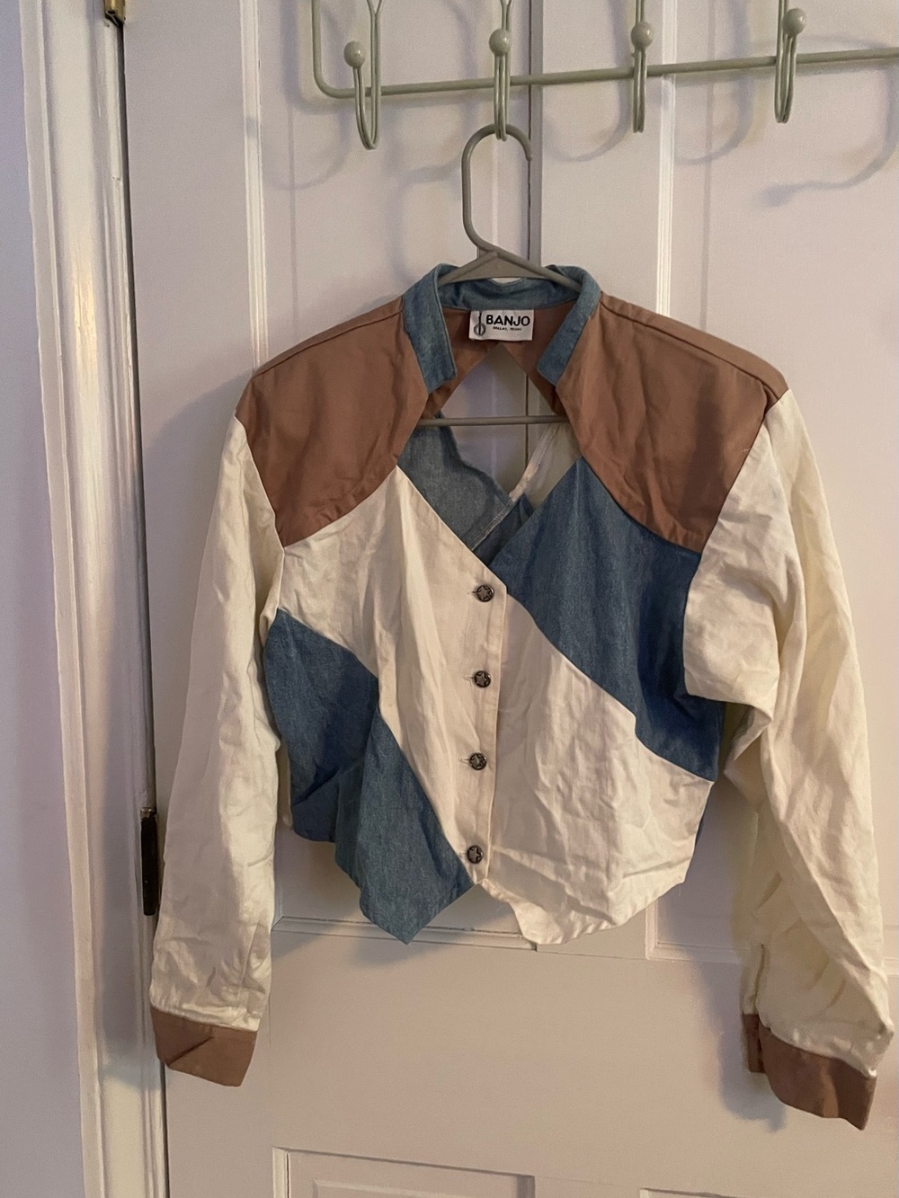 Banjo Colorblock Cropped Jacket in Cream, Denim & Brown with Texas star buttons